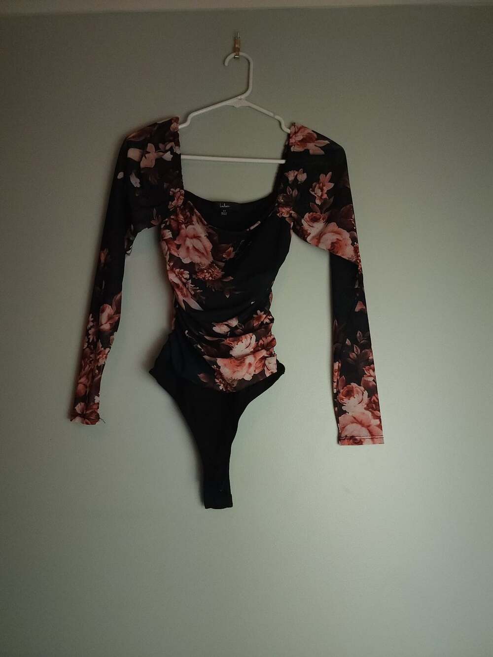 Coquette Romantic Lulus Black Floral Print Long Sleeve Ruched Mesh Bodysuit